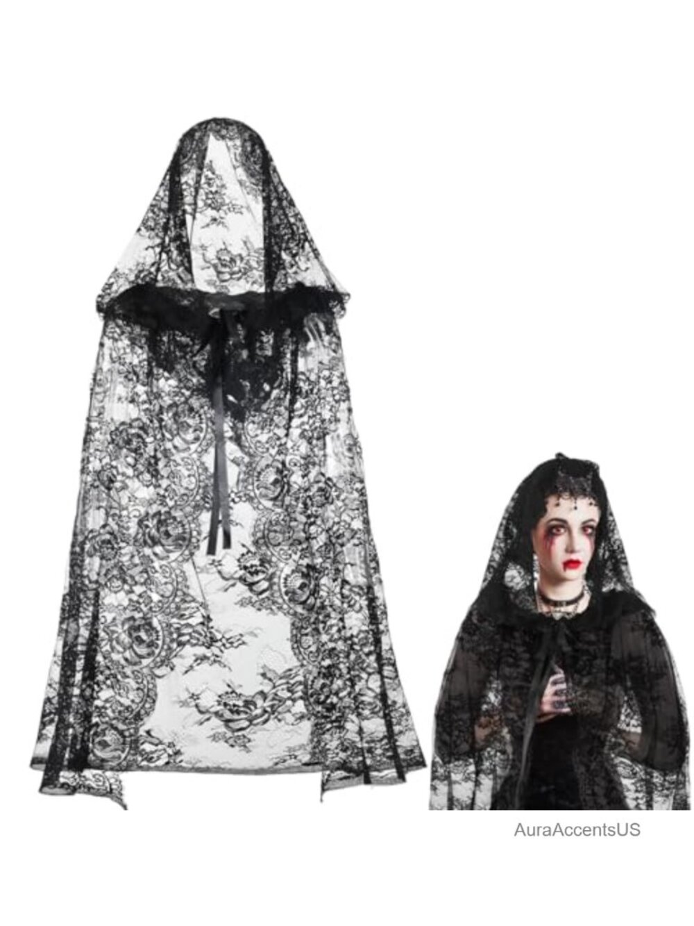 Witch Hooded Cloak Lace Cape Cosplay Halloween Gothic Costume 35in